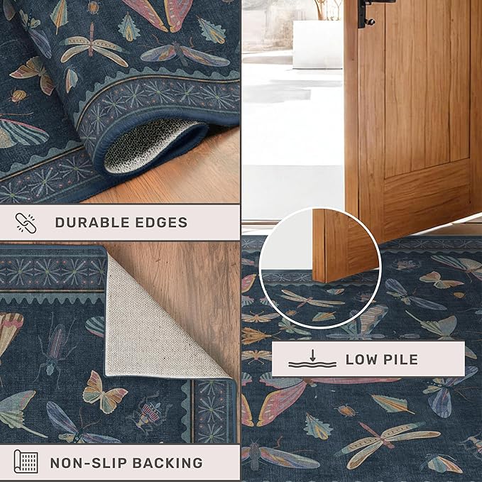 Washable 3x5 Indoor Rugs for Entryway, Non Slip Vintage Area Rug for Kitchen Floor, Laundry Room, Blue Bedroom Carpet with Insect Pattern, Dark Boho Décor Indoor, Stain Resistant Mat