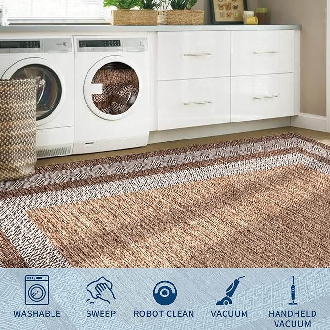 GarveeHome Small Bedroom Area Rug 3x5 Bordered Area Rug for Living Room Nursery Non Slip Kitchen Throw Carpet Low Pile Modern Rugs Washable Bathroom Mat Soft Brown Rugs for Laundry, Dark Brown