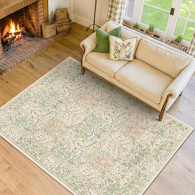 Hazo Haus Beige Green Bedroom Rug 5x7 Area Rug for Living Room, Vintage Washable Floral Rugs for Nursery, Dining Room, Light Green Non Slip Stain Resistance Distressed Retro Low Pile Floor Mat Indoor