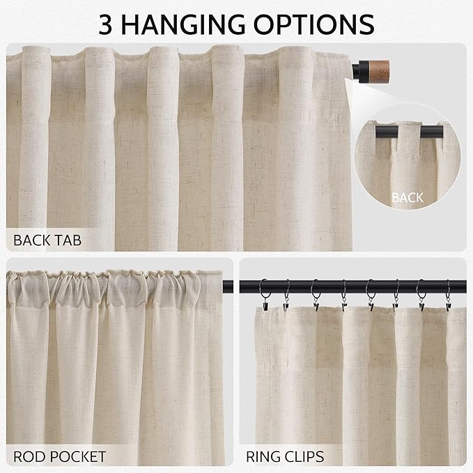 Cream Beige Linen Curtains for Living Room 126 Inches Long Light Filtering Semi Sheer Curtain Back Tab Modern Farmhouse Decor Elegant Drapes Floor to Ceiling High Window for Bedroom 52x126, 2 Panels