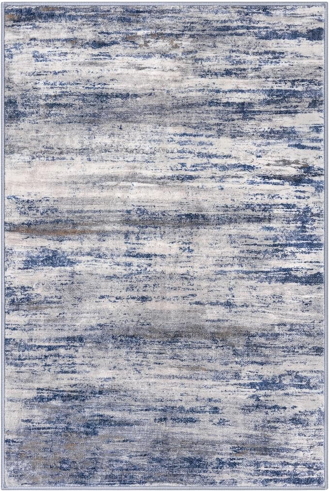 KOZYFLY Area Rug 6x9 Modern Ombre Thin Rugs for Living Room, Washable Large Rugs Non-Slip Soft Striped Rug for Bedroom, Print Grey-Blue Abstract Carpet for Laundry/Kid Room