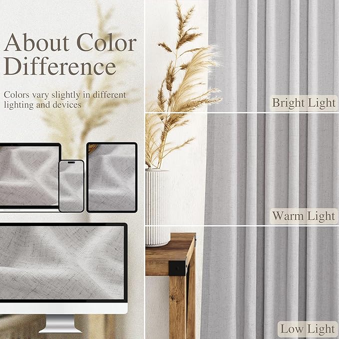 Nanspring Grey Linen Boho Curtains for Bedroom Back Tab Rod Pocket Semi Sheer Curtains 90 Inches Long 2 Panel Set Light Filtering Neutral Farmhouse Lightweight Drapes for Living Room 40x90