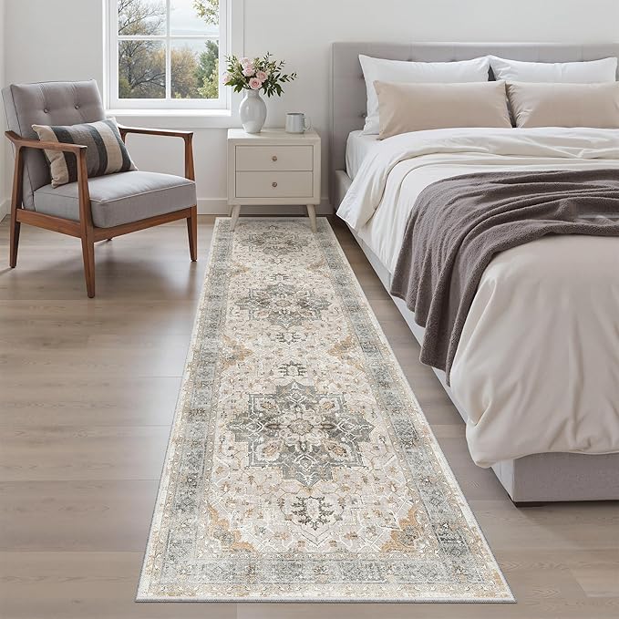 Madane Runner Rug 2x8, Washable Hallway Runner Rugs, Non-Slip Low-Pile Soft Kitchen Rug Runner Laundry Room Rug, Vintage Throw Entry Foyer Mat for Entrance Living Room (Light Taupe Brown, 2 x 8)
