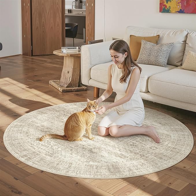5x5 Beige Round Rug 5ft Living Room Circle Rug Vintage Round Area Rug Non Slip Indoor Carpet for Entryway Dining Room Bedroom