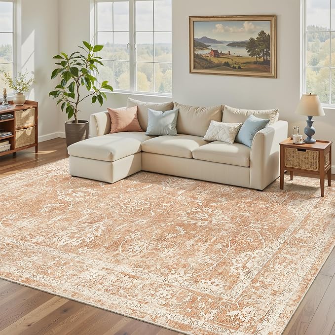 Madane 5x7 Area Rugs for Living Room, Washable Vintage Rug with Non-Slip Backing, Soft Floral Print Throw Rugs Floor Low Pile Carpet for Bedroom Dining Room Farmhouse (5 x 7, Jasper Orange)