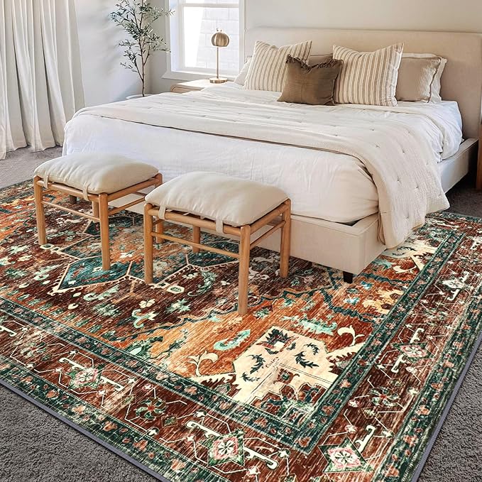 Yamaziot 6x9 Large Area Rug, Non-Slip Washable Boho Vintage Living Room Rug with Rubber Backing, Low Pile Faux Wool Soft Distressed Rug Floor Carpet for Dinning Room, Bedroom