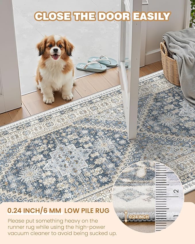 Hallway Runner Rug 2x12, Extra Long Washable Runner Rugs with Rubber Backing, Non Slip Runner, Vintage Rug Runners for Kitchen Laundry Room Entryway (Blue/Beige,2'x12')