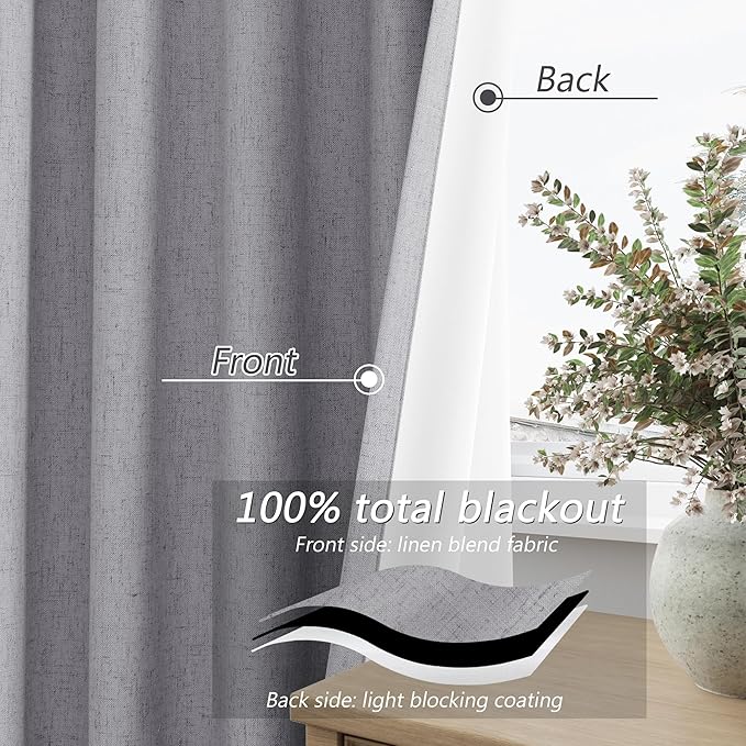Guken Grey 100% Blackout Curtains 63 Inch Length 2 Panels Set for Living Room Bedroom Back Tab Thermal Insulated Black Out Linen Drapes Room Darkening Window Curtains 63 Inches Long