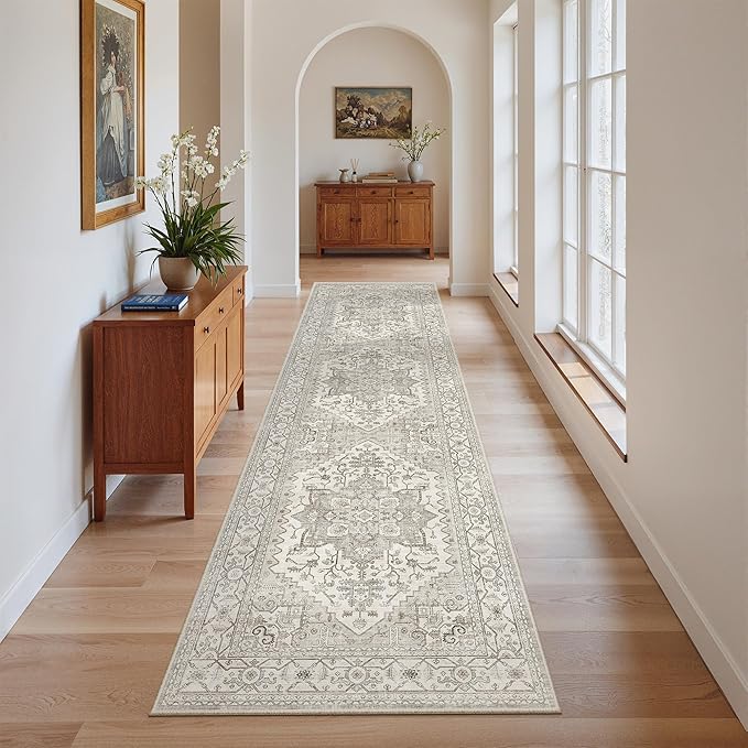 Madane Kitchen Runner Rug - 2x7 Runner Rugs with Rubber Backing Non Slip Vintage Washable Rug Runner Ultra-Thin Throw Carpet Runners for Hallways Bedroom Laundry Room (2'x7', Beige/Brown)