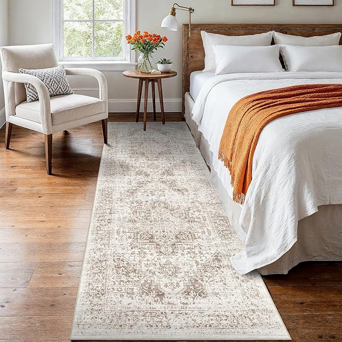 2x8 Washable Hallway Runner Rug - Vintage Kitchen Runners Low Pile Carpet Soft Thin Floor Runner with Rubber Backing for Entryway Living Room Home Decor (Cream/Camel)
