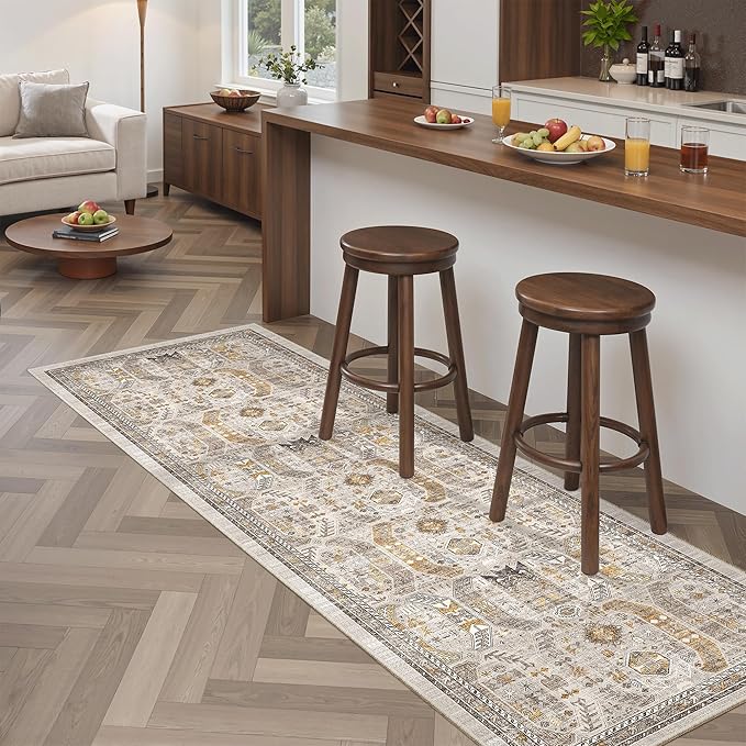 Madane Washable Runner Rug - 2x6 Rug Runners for Hallways 6 Feet Non Slip Vintage Kitchen Runner Rug Ultra-Thin Bathroom Runner Rugs Carpet Laundry Room Bedroom (2x6ft, Brown/Gold)