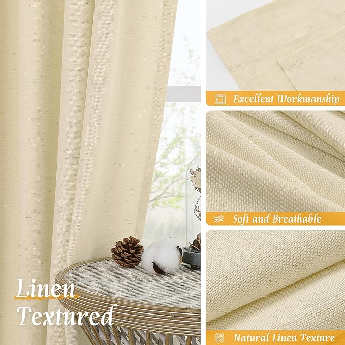 LAMIT Beige Linen Curtains 84 inches for Bedroom, Faux Linen Textured Light Filtering Drapes Rod Pocket Boho Burlap Semi Sheer Panels for Farmhouse/Living Room, 2 Panels, 52 x 84 Inch, Beige