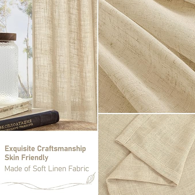 LAMIT Linen Kitchen Curtains 30 Inch Length, Semi Sheer Light Filtering Window Panels Back Tab and Rod Pocket Drapes for Cafe/Small Windows, Linen, 25 x 30 Inch, 2 Panels