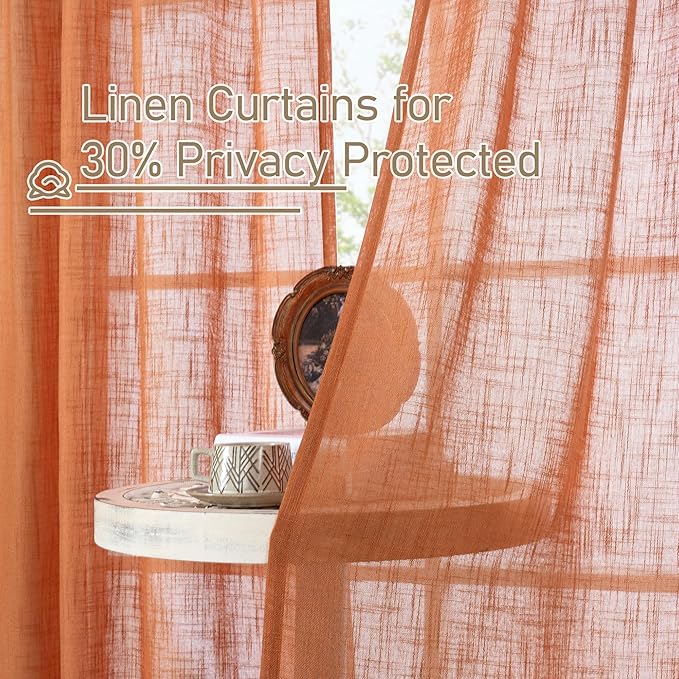 LAMIT Burnt Orange Sheer Linen Curtains, 108 inch Light Filtering Semi Sheer Panels Back Tab and Rod Pocket Fall Decor Drapes for Bedroom/Living Room, 2 Panels, 52 x 108 Inch