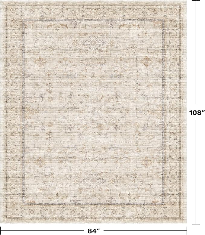 Beige Floral Washabel Area Rug for Living Room - 7x9 Non Slip Rugs for Dining Room Under Table, Bedroom Under Bed, Modern Farmhouse Décor Indoor, Low Pile Soft Geometric Carpet with Rubber Backing