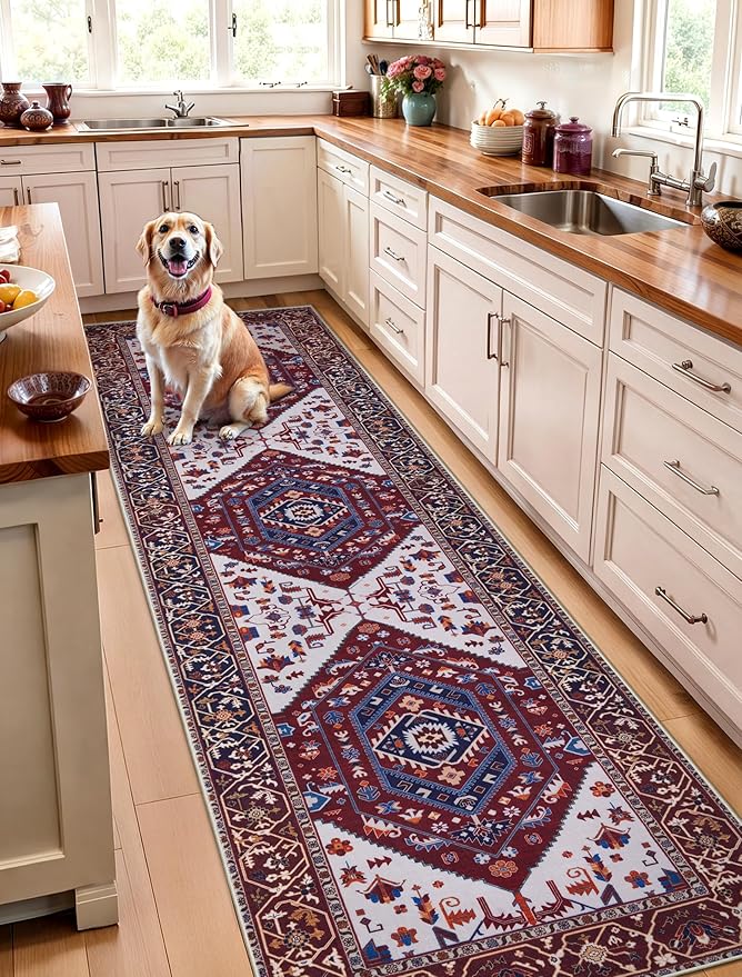 SERISSA Runner Rug for Hallways, 2'6"x8' Washable Non Slip Kitchen Runner Rug, Long Boho Rug Vintage Burgundy Navy Hallway Stair Ultra Soft Print Floor Carpet for Bedroom Bathroom Laundry Room
