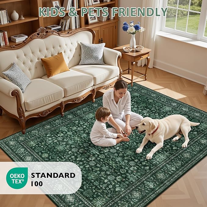 Hallway Runner Rug Non Slip - Washable 2.6x8 Kitchen Rugs for Living Room, Low-Pile Soft Bedroom Rug Indoor Floor Stain Resistant Carpets for Entryway, Laundry, Bathroom Deep Green