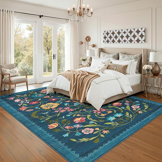 GarveeHome Washable Rug 8x10 Area Rugs for Living Room, Floral Rug for Bedroom, Soft Vintage Non Slip Throw Rugs with Rubber Back, Low Pile Stain Resistant Boho Floral Carpet for Dining Room, Blue