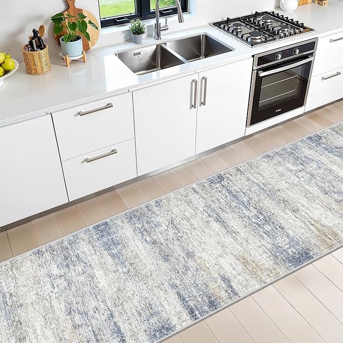 Long Rugs Runner - Washable Runner Rugs for Hallway 2x10, Ultra-Thin Soft Kitchen Carpet Runner, Anti Slip Backing Runner Rugs for Entrance, Bedroom, Living Room(2'x10', Blue/Brown/Ivory)