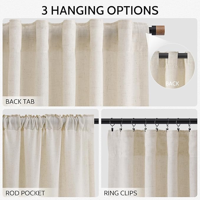 Nanspring Extra Long 120 Inch Curtains for Living Room Birch Beige Linen Light Filtering Semi Sheer Curtain Back Tab Modern Farmhouse Decor Floor to Ceiling High Window for Bedroom 52x120, 2 Panels