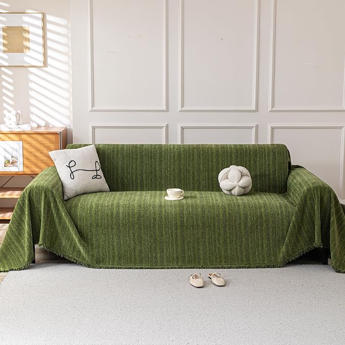 Boho Chenille Couch Cover for Dogs, Non Slip Sofa Cover, Couch Slipcover Covers for 3 Cushion, Furniture Protector with Tassels for Pets Washable, 71"x102", Fishbone Green