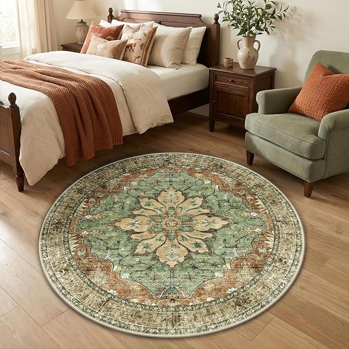 Area Rugs 4ft Washable Non-Slip, Floral Vintage Distress Print Pattern Medallion Carpet for Living Room Bedroom Dining Room, Brick Red Rust Neutral Brown Burnt Orange