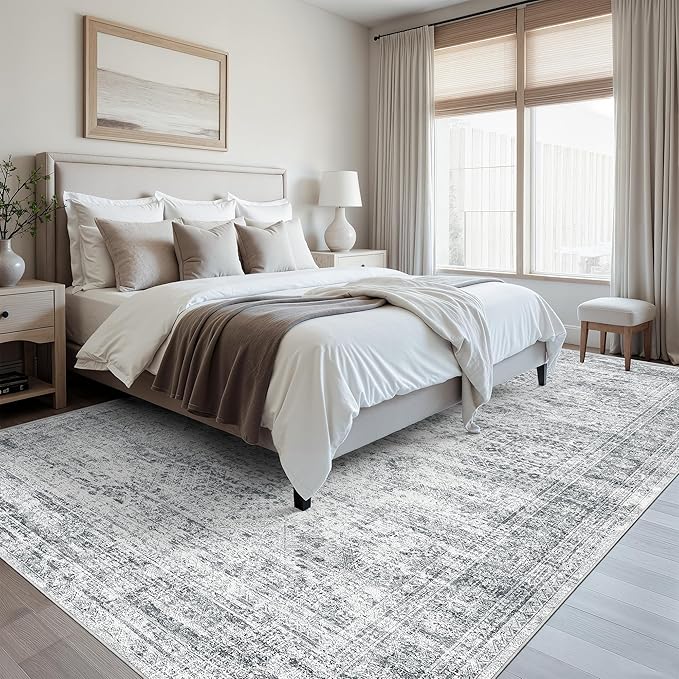 Washable Area Rug 8x12, Large Soft Rugs for Living Room Vintage Grey Carpet 8x12 Area Rugs for Bedroom Dining Room Non-Slip Stain Resistant Under Table Rug