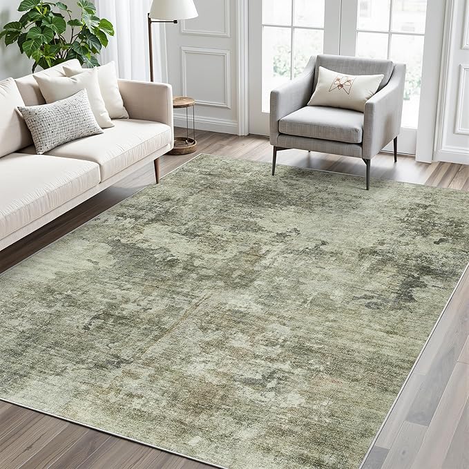 Soalmost Abstract Rug 5x7 Machine Washable Area Indoor Green Black Low Pile Non-Slip Foldable Thin Accent Rugs for Bedroom Living Room Dining Room
