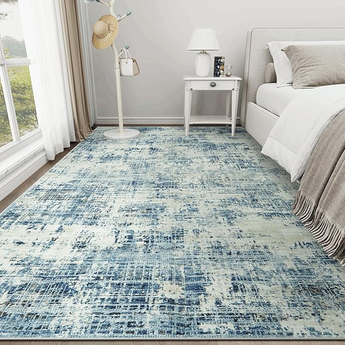 6x9 Area Rugs for Living Room Washable Rug: Anti-Skid Abstract Modern Living Room Rug Soft Thin Carpets Indoor Floor Non-Shedding Carpet for Bedroom Dining Farmhouse Nursery Blue Gray Gold