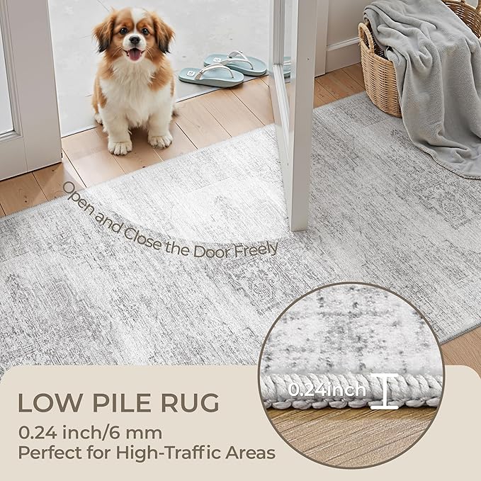 2x8 Runner Rug, Washable Runners for Hallways wirh Rubber Backing, Stain Resistant Kitchen Rug, Soft Thin Carpet Runner for Entrance, Bedroom, Living Room Indoor(2'x8', Light Grey/White)