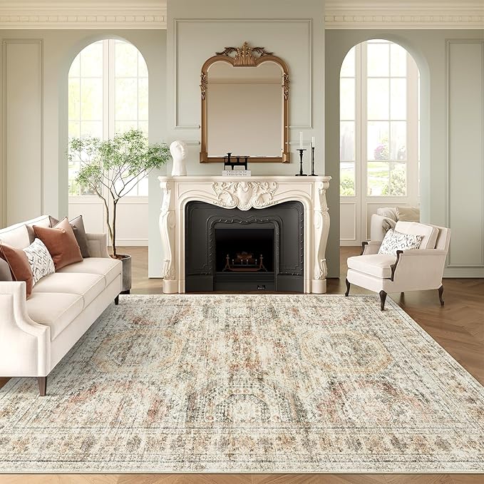 9x12 Area Rugs for Living Room, Non Slip Machine Washable Vintage Rugs, Low Pile Lightweight Large Rug for Bedroom, Dining Room, Home Office Brown Pink