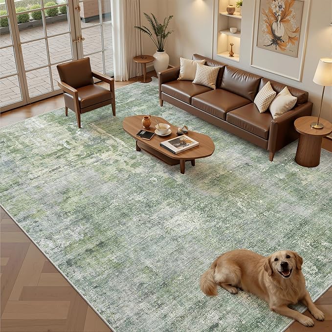Washable Area Rug 8x12, Large Soft Rugs for Living Room Vintage Green/Ivory Carpet 8x12 Area Rugs for Bedroom Dining Room Non-Slip Stain Resistant Under Table Rug