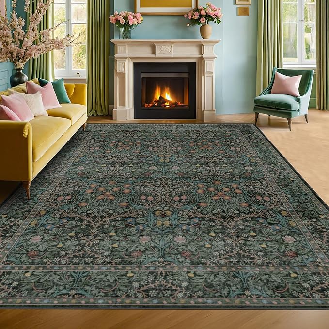 Washable Dark Green Rug for Living Room - 9x12 Large Area Rug for Dining Room Under Table, Bedroom, Soft Low Pile Non-Slip Stain Resistant Carpet - Vintage Floral Design (9x12 Dark Green)