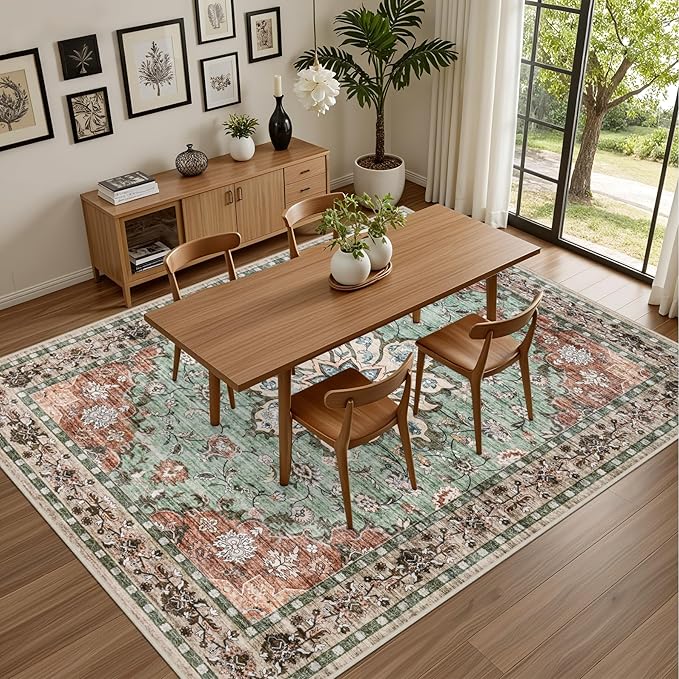 6x9 Area Rugs Living Room Rug: Washable Vintage Distressed Floral Rug No Slip Stain Resistant Soft Carpet Indoor Floor Large Carpets for Bedroom Dining Room Farmhouse Nursery Home Office Brown Green