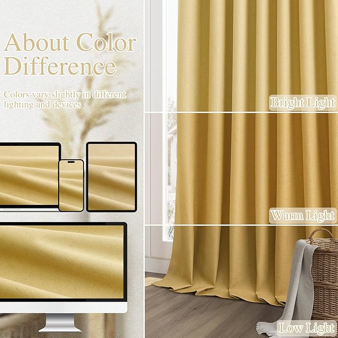 Gold 100% Blackout Linen Curtains 108 Inch Length 2 Panels Set for Living Room Bedroom Back Tab Thermal Insulated 100% Black Out Drapes Room Darkening Farmhouse Style for Bedroom Window Curtains