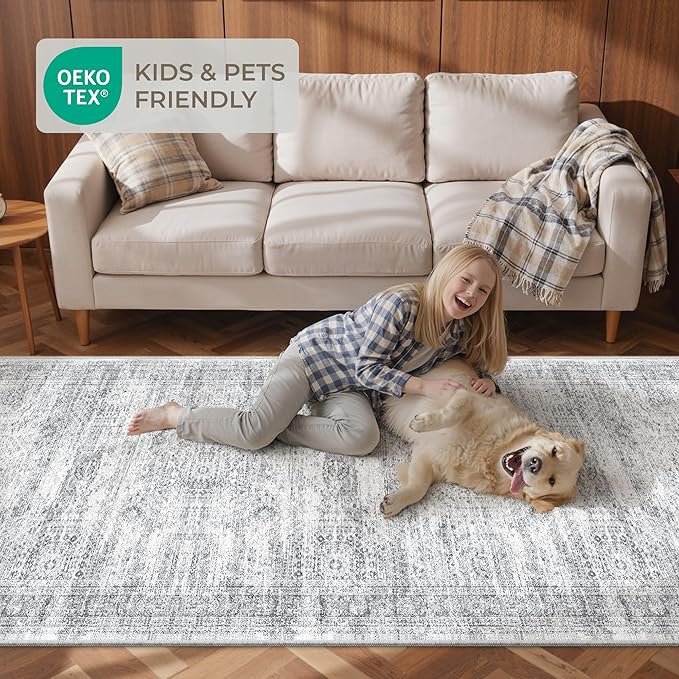 3x16 Washable Runner Rug for Hallway, Non-Slip Long Hallway Runner for Entryway, Soft Vintage Kitchen Mats for Floor, Abstract Dining Room, Bedroom, Living Room Rugs(3'x16', Grey/Ivory)