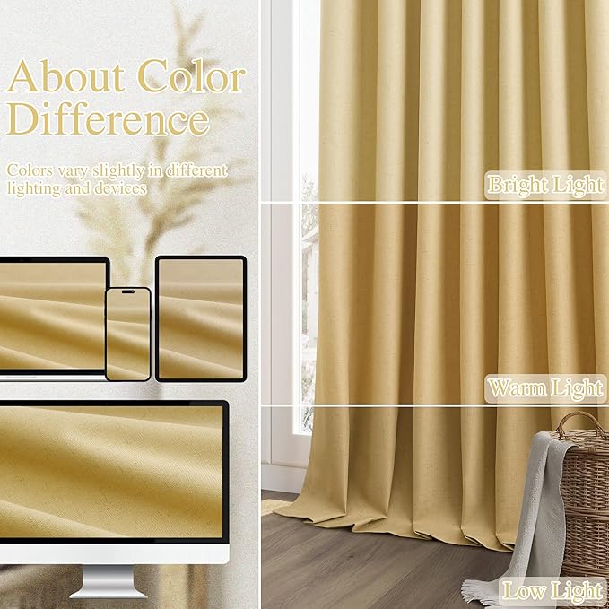 Guken 100% Blackout Curtains 90 Inch Length 2 Panels Set for Living Room Bedroom Back Tab Thermal Insulated Black Out Linen Drapes Room Darkening Window Curtains 90 Inches Long,Gold Yellow