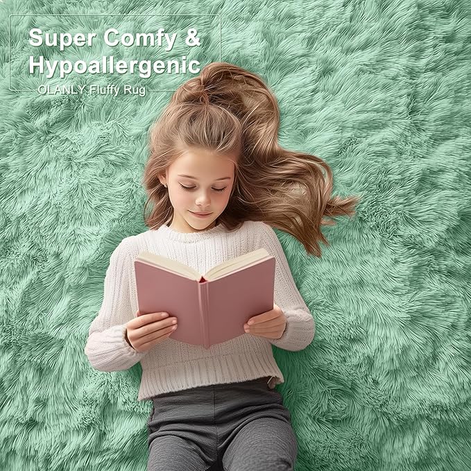OLANLY 9x12 Machine Washable Large Area Rugs for Living Room, Bedroom, Soft Fluffy Shaggy Bedside Rug, Indoor Floor Carpet for Kids Girls and Boys, Dorms, Nursery, Home Decor Aesthetic, Mint Green