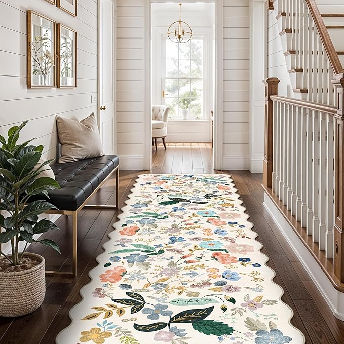 Washable 2x8 Hallway Runner Rug: Vintage Water-Resistant Floral Scalloped Kitchen Entryway Rug Ultra Soft Living Room Bedroom Carpet Non-Slip Indoor Floor Mat for Bathroom Dining Room(2x8,Cream)