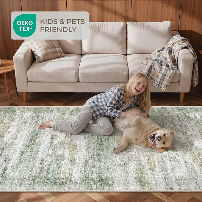 Long Hallway Runner Rug- Carpet Runners for Hallway 12ft, Anti Slip Backing Washable Rug Runner for Entrance, Living Room, Soft Low Pile Modern Rug Runner(2'x12', Green/Yellow/Ivory)
