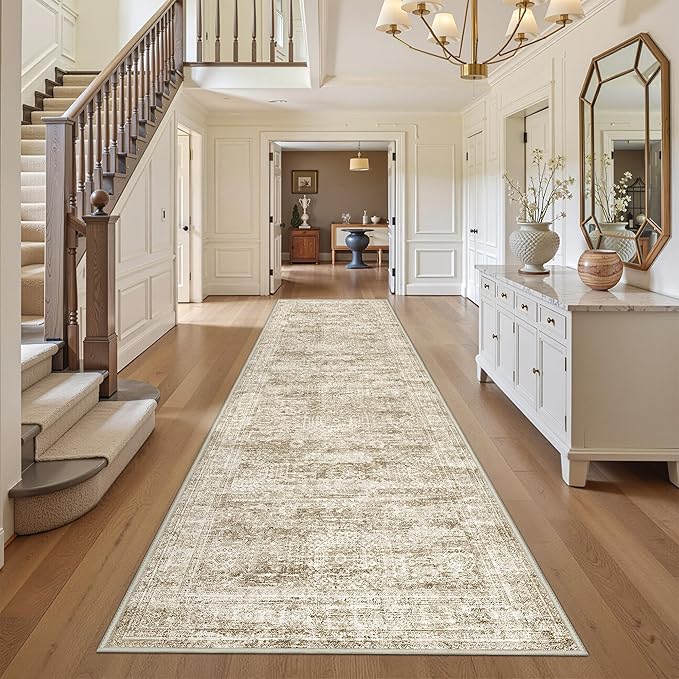 3x12 Runner Rug for Hallway, Non-Slip Long Bathroom Rugs Runner for Kitchen, Bedroom, Soft Vintage Abstract Washable Rug for Entryway, Thin Floor Mat for Dining Room(3'x12', Brown/Ivory)