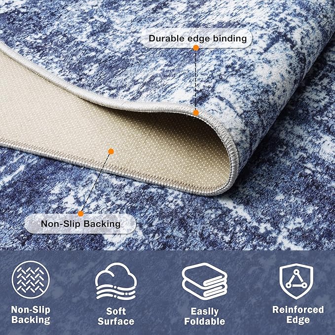 9x12 Area Rugs for Living Room Washable Rug: Anti-Skid Abstract Modern Living Room Rug Soft Thin Carpets Indoor Floor Non-Shedding Carpet for Bedroom Dining Farmhouse Nursery Navy Light Gray