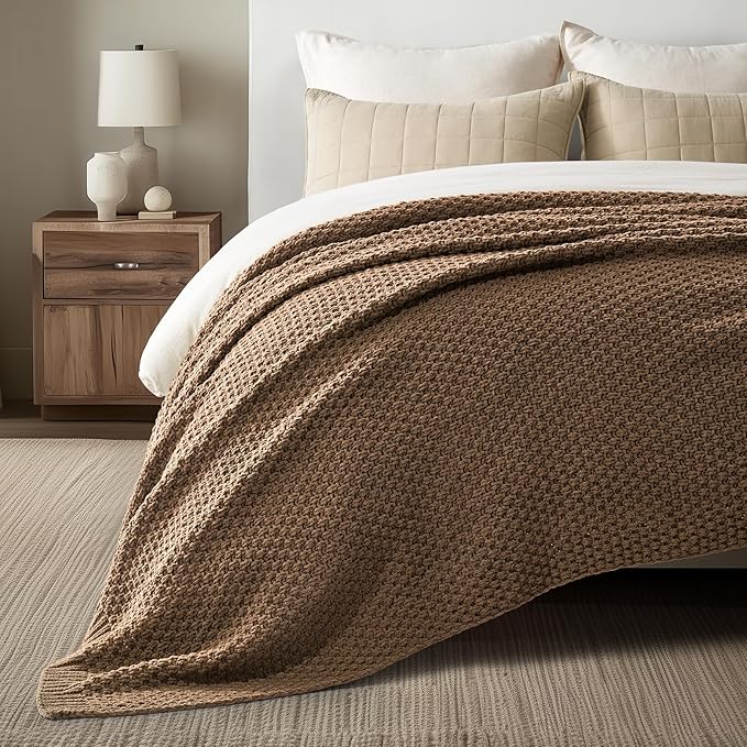 EVERGRACEHOME Chunky Chenille Knit Throw Blanket for Couch, Soft Luxurious Oversized Queen Moss Stitch Blanket for Bed, Cozy Farmhouse Knitted Throw for Sofa, Camel Brown, 90" x 90"