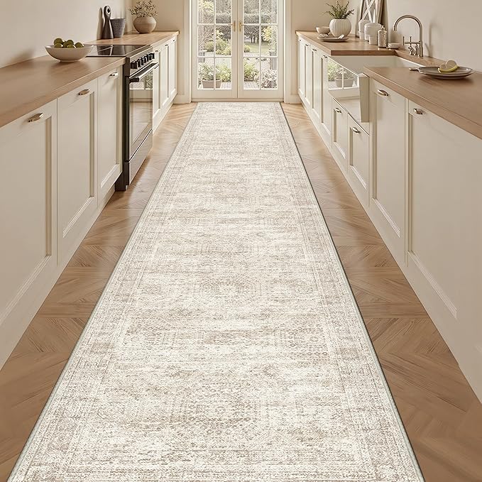 3x14 Washable Runner Rug for Hallway, Non-Slip Long Hallway Runner for Entryway, Soft Vintage Kitchen Mats for Floor, Abstract Dining Room, Bedroom, Living Room Rugs(3'x14', Beige/Ivory)