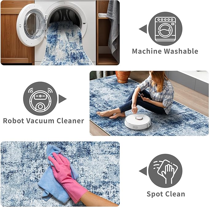 2x5 Washable Runner Rug for Hallway: Non Slip Entryway Runners Rugs Easy-to-Clean - Soft Living Room Bedroom Carpet - Thin Low Pile Floor Mat for Dining Room Blue