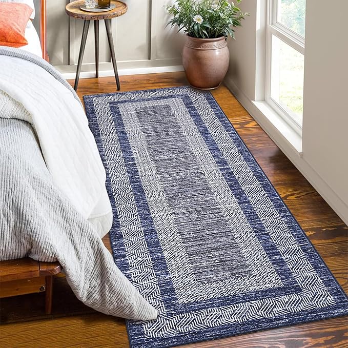 GarveeHome 2.5x8 Modern Bordered Runner Rug Soft Non Slip Washable Floor Carpet Distressed Geometric Hallway Indoor Printed Rug for Kitchen Entrance, Blue
