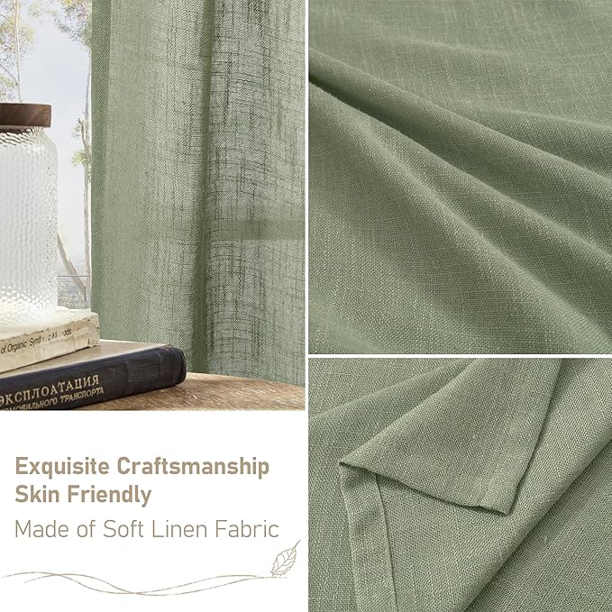 LAMIT Extra Wide Linen Curtains for Bedroom, Light Filtering Faux Linen Textured Panels Semi Sheer Back Tab and Rod Pocket Boho Drapes for Living Room/Farmhouse, 2 Panels, Sage Green, 60 x 63 Inch