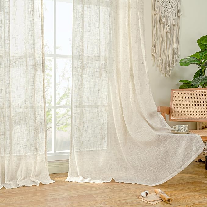 LAMIT Natural Linen Boho Curtains 80 inch Length 2 Panels, Cream Ivory Light Filtering Semi Sheer Panels Back Tab and Rod Pocket Neutral Drapes for Bedroom/Living Room, 34 x 80 Inch