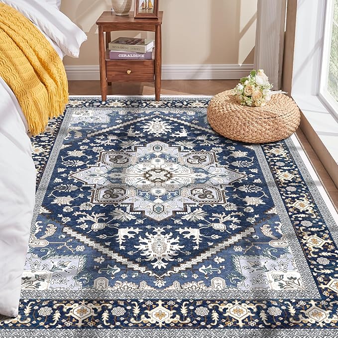 OPPODREAM Soft Area Rugs 3x5, Washable Rugs with Non Slip Backing, Low-Pile Throw 3x5 Carpet, Faux Cashmere 3 x 5 Carpet, Navy Blue & Gold