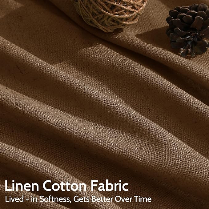 Tobacco Brown Linen Curtains 102 Inches Rod Pocket Back Tab Drapes 2 Panels Set for Living Room Bedroom Light Filtering Semi Sheer Tobacco Brown Curtain 102 Length for Patio Door 52x102
